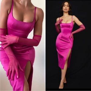 House of CB ‘Casimira’ Pink Satin Corset Midi Dress CUP A-C NWOT
